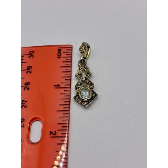 Gold-Tone Light Blue Oval Topaz Long Ornate Pendant 1.5" V tg Fancy - Picture 3 of 3